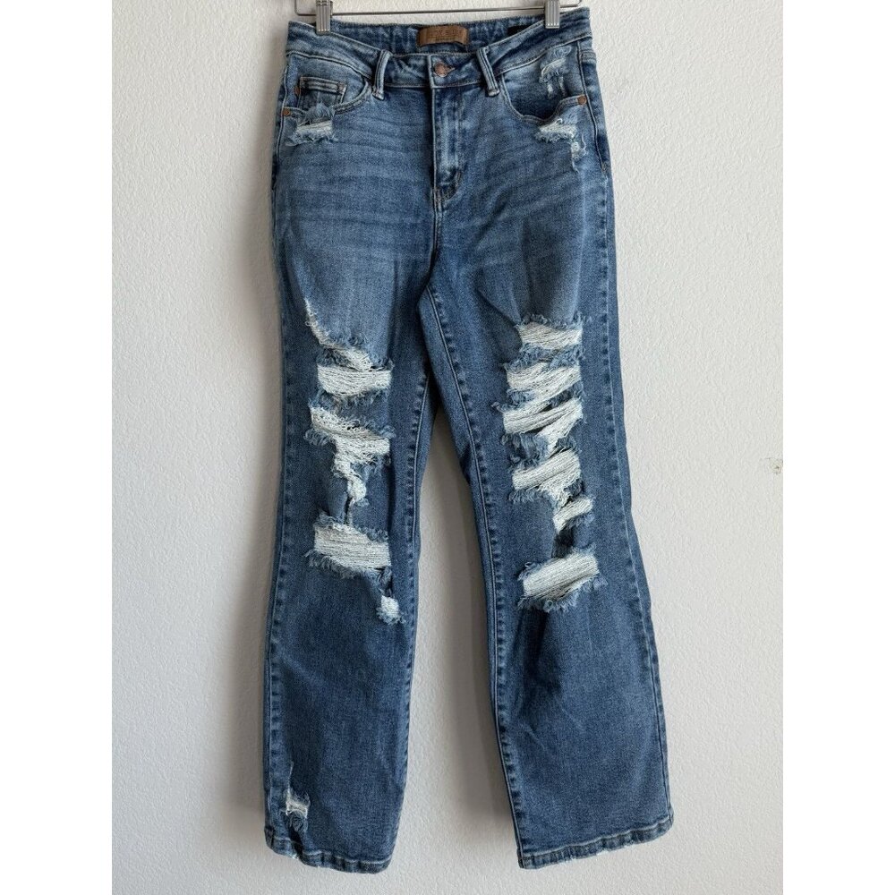 Judy Blue Jeans Women’s 7/28 Straight Fit Mid Rise Distressed Stretch Denim - Picture 6 of 15